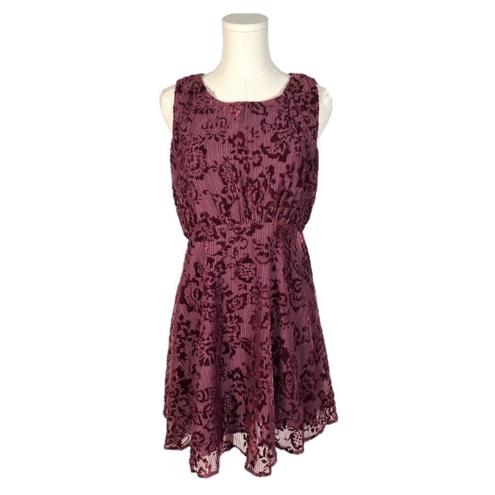 Free People Floral Velvet Burnout Metallic Burgundy Wine Sleeveless Mini Dress